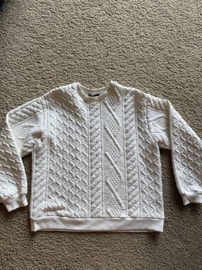 Zara White Ribbed Crewneck Sweater Top with Black Label